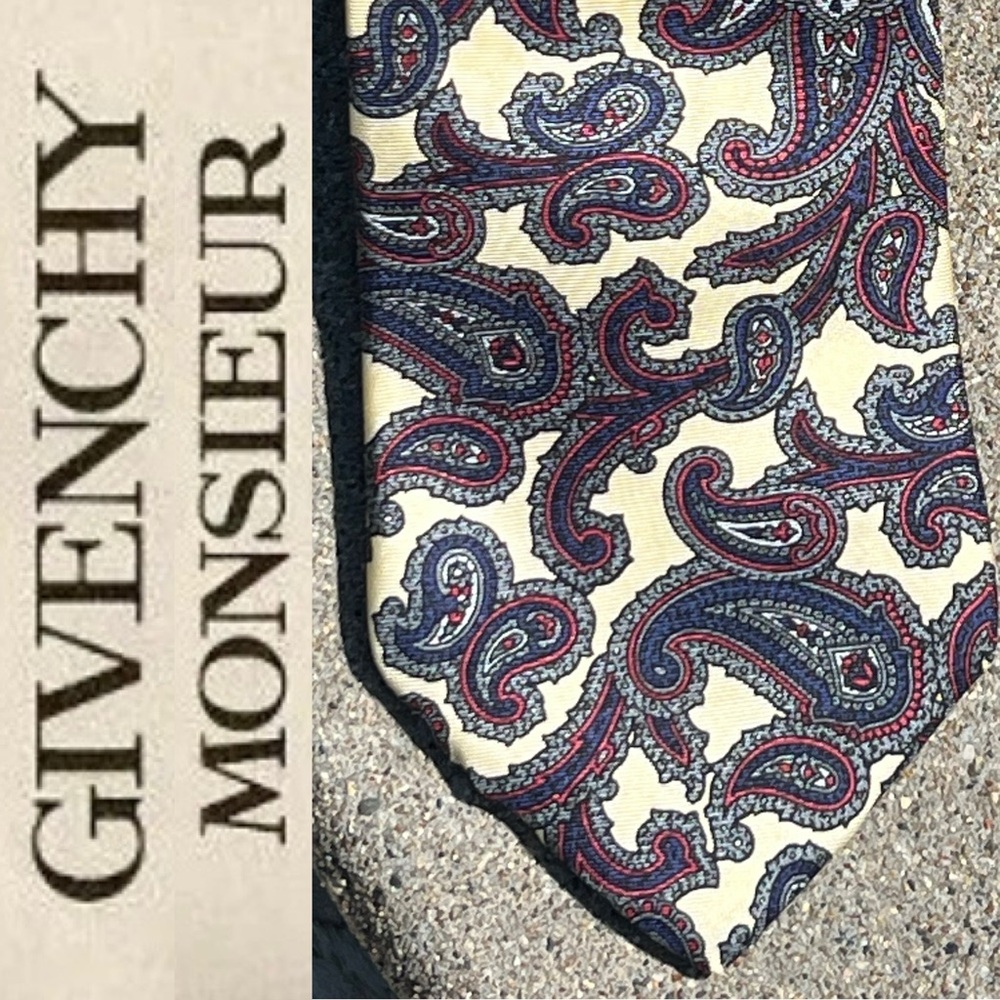 👔Vintage Paisley Silk Tie | Cream-ish Yellow/Red/Gray/Blue | Givenchy Monsieur